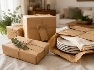 Presentes de cha de panela embrulhados em papel kraft com barbante e tags, um deles entreaberto mostrando pratos brancos e uma toalha dobrada