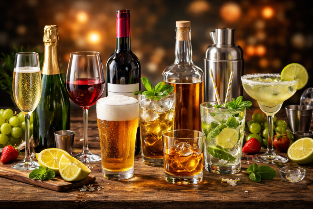 Variedade de bebidas para servir no casamento: espumante, vinho, cerveja e destilados