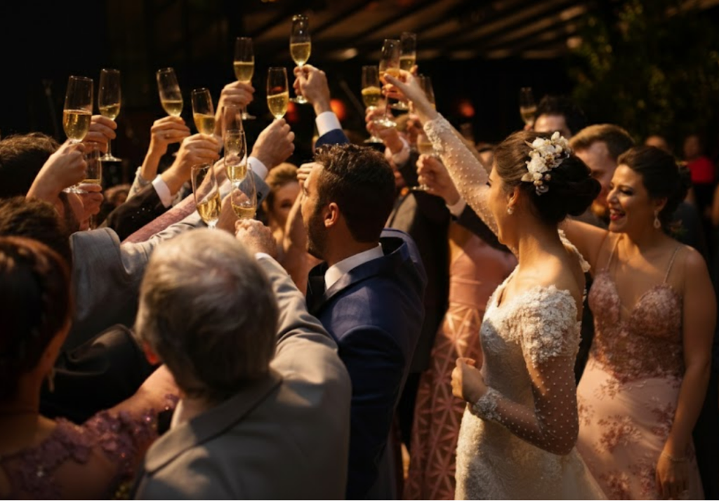 Convidados na pista de dança do casamento com drinks na mão