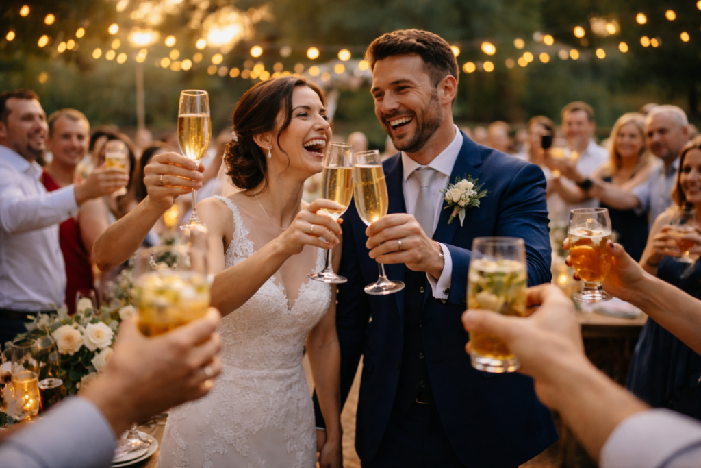 Mesa de bebidas montada para casamento de até 80 convidados