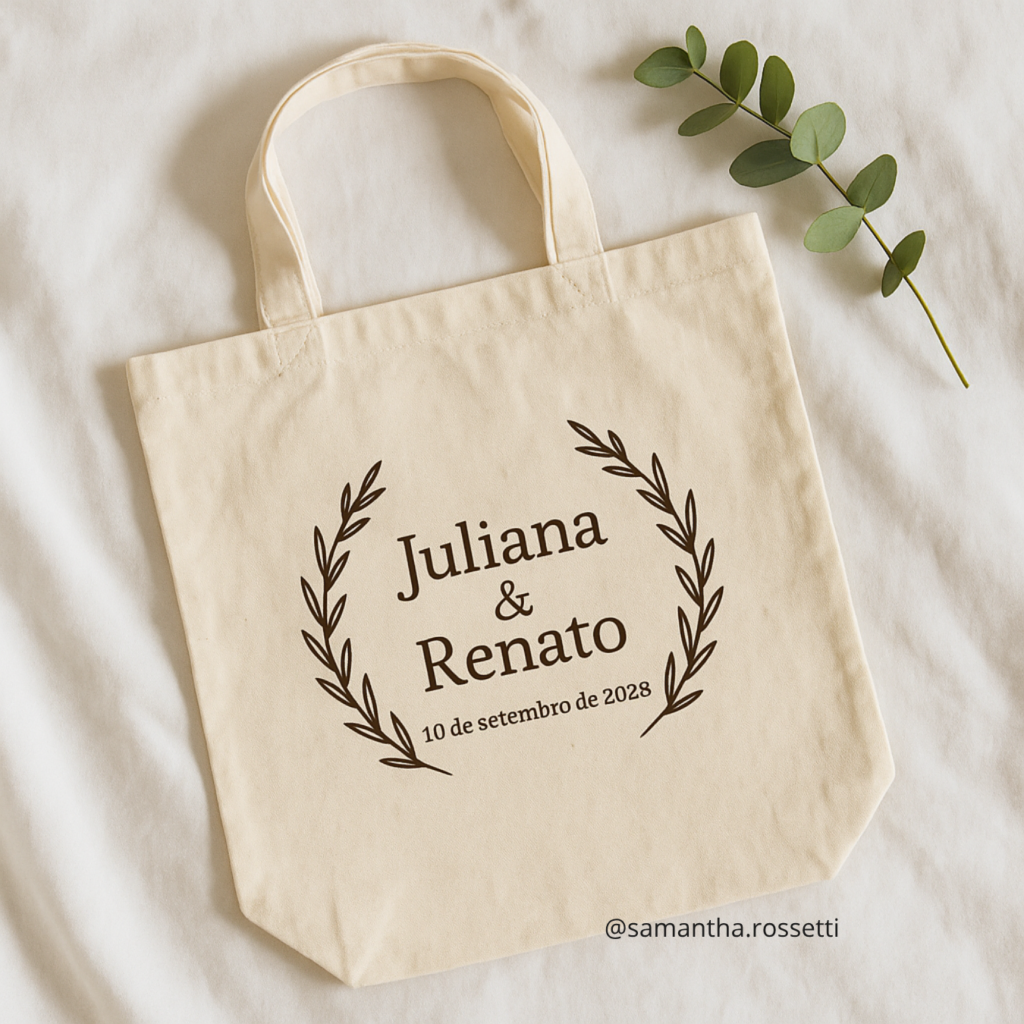 Ecobag personalizada com o nome dos noivos, lembrancinha de casamento sustentável