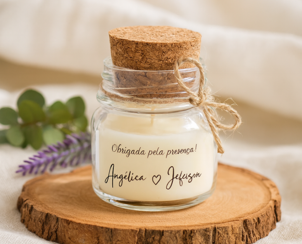 Vela aromática personalizada com o nome dos noivos, lembrancinha de casamento 2026