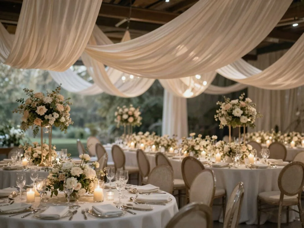 Salão de casamento com decoração imersiva, tecidos no teto e velas nas mesas