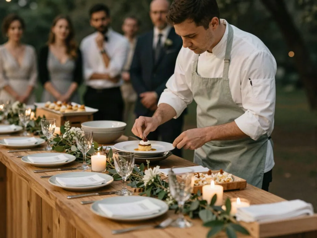 Chef finalizando a sobremesa na frente dos convidados em estação gastronômica