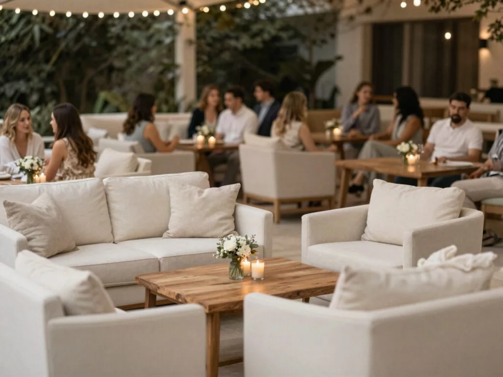 Área de lounge com sofás confortáveis para os convidados do casamento