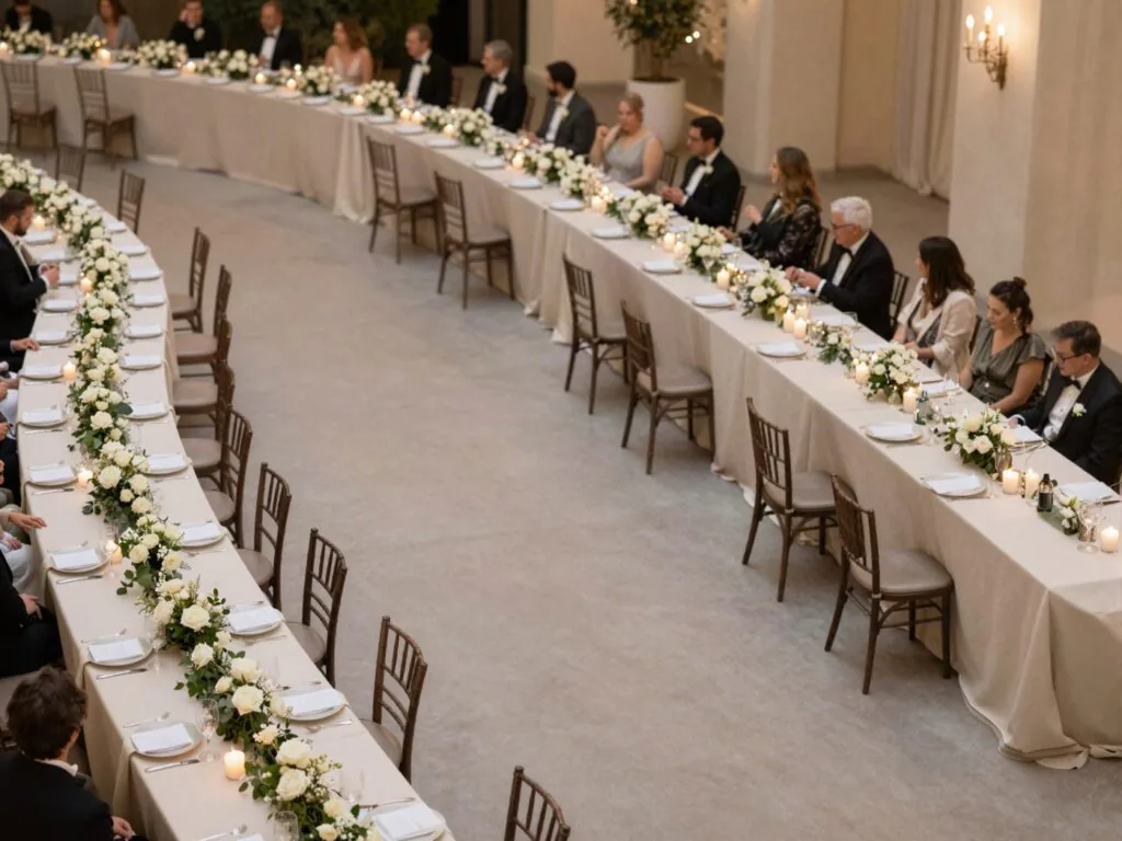 Mesas longas em curvas suaves no salão de casamento, com convidados dos dois lados