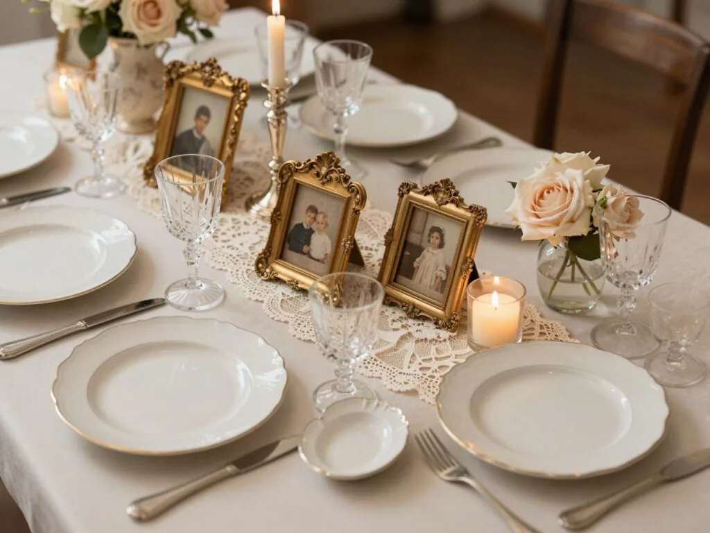 Mesa de casamento com louça antiga, castiçais de prata e porta-retratos de família