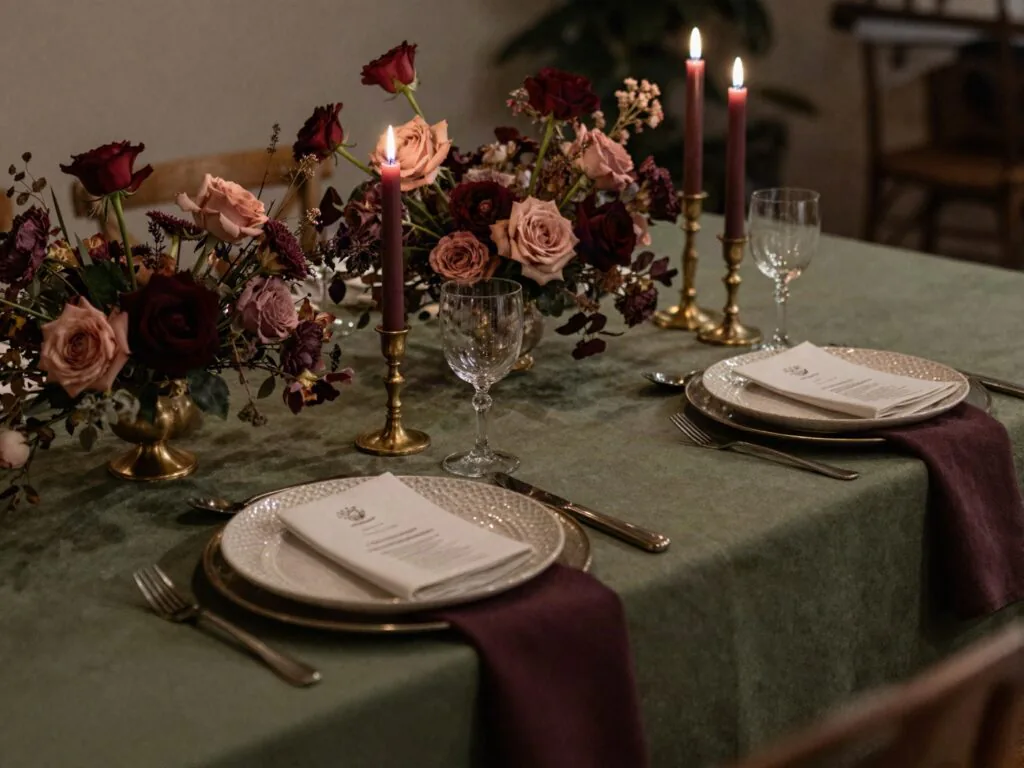 Mesa de casamento com paleta profunda de verde oliva, vinho e rosa antigo