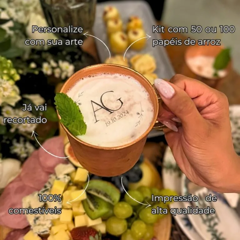 Papel de arroz personalizado para drinks do casamento
