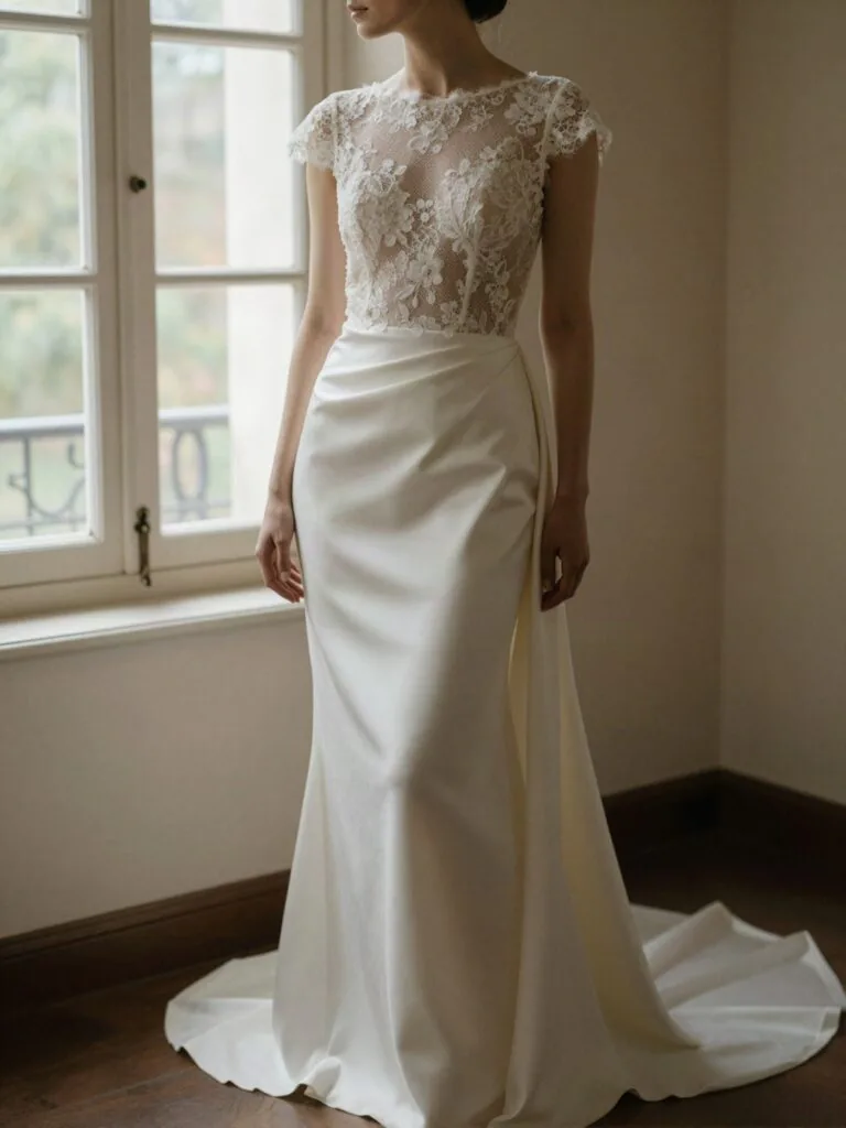 Vestido de noiva que une renda vintage com saia de modelagem escultural